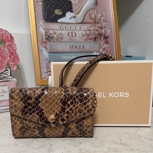 Michael Kors Tan and Brown Snake Print Wristlet with box